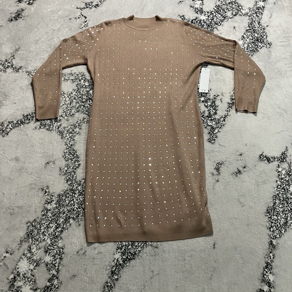 Madden Girl Dress Womens Plus 3X Brown Ribbed Sweater‎ Rhinestone Stud Bodycon